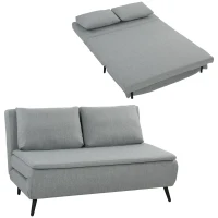 HOMCOM Divano Letto 2 Posti 3 in 1 in Tessuto Effetto Lino con 2 Cuscini, Struttura in Eucalipto, Grigio Chiaro(m-12)