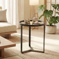 HOMCOM Tavolino da salotto rotondo con piano in vetro temperato, Nero(m-6)