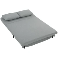HOMCOM Divano Letto 2 Posti 3 in 1 in Tessuto Effetto Lino con 2 Cuscini, Struttura in Eucalipto, Grigio Chiaro(m-1)