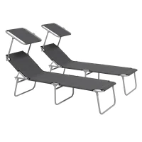 Outsunny Folding Sun Lounger Set of 2 with Canopy, Reclining Sunbed with 4-Position Adjustable Backrest, 600D Oxford Cloth, Portable Garden Lounger Recliner Chair for Beach, Camping, Patio, Grey(m-11)