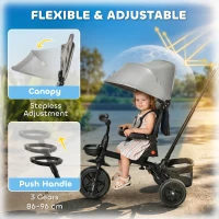 HOMCOM 4 in 1 Kids Trike Toddler Foldable Pedal Tricycle w/ Reversible Angle Adjustable Seat Removable Handle Canopy Belt Brake - Grey(m-6)
