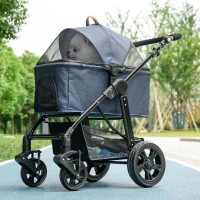 Poussette buggy pliable chien chat amortisseurs panier de rangement 2 attaches sécurité housse réglable acier Oxford bleu foncé(m-10)