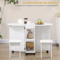 Set HOMCOM 5 piese, masă pliabilă cu 2 rafturi și 4 scaune din PAL, alb(m-4)