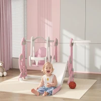 AIYAPLAY Toboggan pour Enfants 4 en 1 avec Balançoire, Échelle d'escalade et Panier de Basket, 18-48 Mois, Rose(m-2)