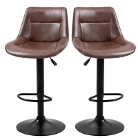 HOMCOM Set 2 Scaune de Bar Vintage din Piele Sintetică Maro cu Suport pentru Picioare și Bază Rotundă, 46,5x50x88-108 cm(m-11)