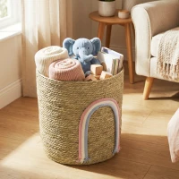 HOMCOM 24,7L Aufbewahrungskorb mit Regenbogen-Dekoration, großer geflochtener Korb für Badezimmer, Schlafzimmer, Natur(m-10)
