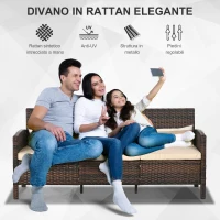 Outsunny Divano 3 Posti da Esterno in Rattan PE con Cuscini Imbottiti e Sfoderabili, 173x68x78 cm, Marrone(m-4)