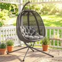 Outsunny Hanging Egg Chair, Folding Texteline Swing Hammock with Side Pocket, Cushion and Stand for Indoor Outdoor, Patio Garden Furniture, Grey(m-21)