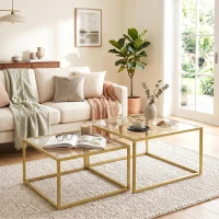 HOMCOM 2 Mesas de Centro Cuadradas Mesas Nido Modernas con Tablero de Vidrio Templado y Estructura Metálica 75x75x42 cm Dorado(m-10)