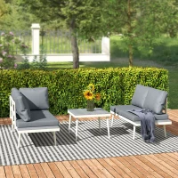 Outsunny Gartenmöbel Set 4 Personen wetterfest Balkonmöbel-Set mit 2er Sofa, Kissen Beistelltisch Stahl Grau(m-10)