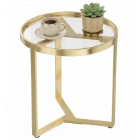 HOMCOM Round Side Table with Tempered Glass Top and Geometric Metal Frame for Small Space, Gold Tone(m-10)