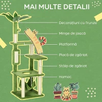 PawHut Arbore pentru Pisici cu Amac, Minge și Stâlpi de Scris din Sisal, 49x49x142 cm, Verde(m-7)