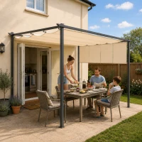 Outsunny 3 x 4m Metal Pergola with Retractable Roof and Roller Shade, Free Standing Gazebo Canopy Pergola Kit, UPF30+ Outdoor Sun Shelter, Beige(m-2)