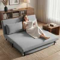HOMCOM Divano Letto 2 Posti 3 in 1 in Tessuto Effetto Lino con 2 Cuscini, Struttura in Eucalipto, Grigio Chiaro(m-2)