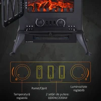 HOMCOM Șemineu Electric cu Efect de Flacără Stil Retro, Termostat 1000-2000W și Lumină Reglabilă, Negru(m-5)
