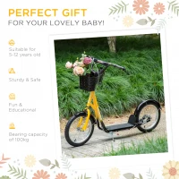 HOMCOM Kids Scooter, Kick Stunt Scooter with Adjustable Handlebar, Dual Brakes, Basket, Cupholder, Mudguard, 16" Inflatable Rubber Wheels, for 5-12 years, Orange(m-5)