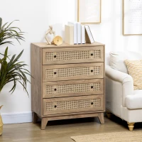HOMCOM Cassettiera con 4 Cassetti e Inserti in Rattan Stile Boho, 80x35x95 cm, Legno Naturale(m-10)