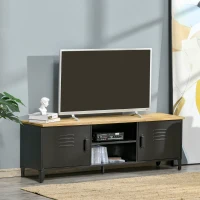 HOMCOM Meuble TV Banc TV pour téléviseurs de 55'' avec 2 Placards Pieds Réglables Cadre métalique noir Plateau en Bois Naturel 150 x 40 x 50 cm(m-10)