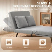 HOMCOM Divano Letto 2 Posti 3 in 1 in Tessuto Effetto Lino con 2 Cuscini, Struttura in Eucalipto, Grigio Chiaro(m-5)