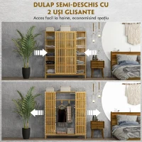 HOMCOM Dulap Deschis din Bambus cu 2 Uși Glisante, Rafturi Deschise și Bară pentru Umerașe, 145x35x165cm(m-9)