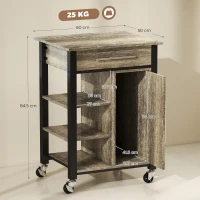 HOMCOM Carrello da Cucina Portavivande con Cassetto, Mensole, Armadietto e 4 Ruote, Legno Truciolare, 60x50x84.5cm, Quercia(m-3)