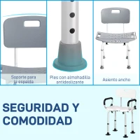HOMCOM Taburete de Ducha Silla para Ducha con Respaldo Antideslizante Altura Regulable en 8 Niveles Carga 136 kg(m-5)