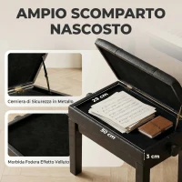 HOMCOM Sgabello per Pianoforte con Altezza Regolabile e Contenitore in Legno e Finta Pelle, 63x35x46-56cm, Nero(m-5)