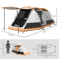 Outsunny Tenda de Campismo Familiar para 3-4 Pessoas com 2 Quartos e Bolsa de Transporte Impermeável 370x220x130 cm Laranja e Cinza(m-3)