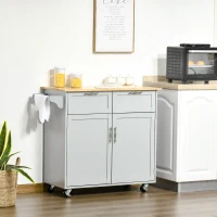 HOMCOM Dulap de Bucătărie Multifuncțional din Lemn cu 2 Sertare, Dulap și 4 Roți, 104x46x91cm, Gri(m-10)