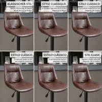 HOMCOM Set 2 Scaune de Bar Vintage din Piele Sintetică Maro cu Suport pentru Picioare și Bază Rotundă, 46,5x50x88-108 cm(m-6)