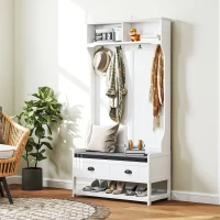 HOMCOM Garderobenständer mit Haken, Garderobe mit Schuhbank, für Eingangsbereich, Flur, Metall, MDF, Weiß+Grau(m-10)