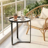 HOMCOM Tavolino da salotto rotondo con piano in vetro temperato, Nero(m-5)