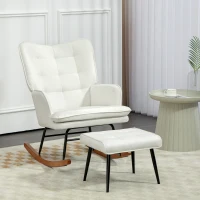 HOMCOM Schaukelstuhl mit Hocker, sanftes Schaukelsystem, Leinenimitat, 64 x 89 x 90 cm, Cremeweiß(m-10)