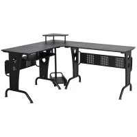 HOMCOM Birou pentru Computer in forma de L cu Suport pentru Tastatura Suport pentru CPU din inox MDF pentru casa birou negru(m-1)