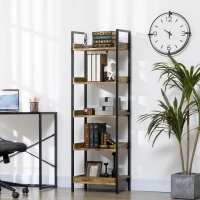 HOMCOM Libreria Stile Industriale a 5 Ripiani in Legno e Metallo, 48x30x155cm, Marrone Rustico(m-10)