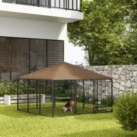 PawHut Recinto per Cani in Metallo e Tessuto Oxford con Porticina per Ciotole, 211x211x151 cm, Nero e Marrone(m-10)