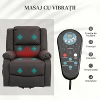HOMCOM Fotoliu Relax Reclinabil cu Funcție de Ridicare la 155°, 8 Puncte de Masaj și Încălzire, Maro(m-6)