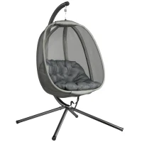 Outsunny Hanging Egg Chair, Folding Texteline Swing Hammock with Side Pocket, Cushion and Stand for Indoor Outdoor, Patio Garden Furniture, Grey(m-22)