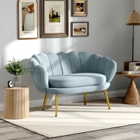 HOMCOM Canapea cu 2 Locuri, Stil Industrial Chic, din Țesătură cu Efect de Catifea și Metal, 130x77x77 cm, Albastru Deschis(m-10)