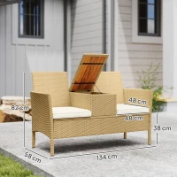 Outsunny Bancă de grădină cu măsuță rabatabilă și spațiu de depozitare, din ratan și oțel, 134x58x82 cm, crem și kaki(m-3)