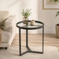 HOMCOM Tavolino da salotto rotondo con piano in vetro temperato, Nero(m-2)