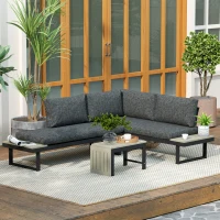 Outsunny 4 Seater L Shaped Aluminium Sectional Garden Furniture Set with 2 Loveseats and Wood-Plastic Coffee Table - Dark Grey(m-9)