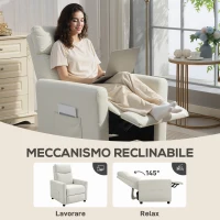 HOMCOM Poltrona Reclinabile 145° max in Tessuto Effetto Lino, Schiuma, Acciaio e Legno, 73x86x100 cm, Bianco Crema(m-3)