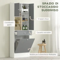 HOMCOM Armadio da bagno con cestino per il bucato e porta specchiata ripiano regolabile 62 x 28,3 x 181 cm grigio e bianco(m-4)