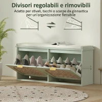 HOMCOM Panca portascarpe con seduta imbottita e anta in rattan, 104x26x47,5 cm, Verde(m-6)