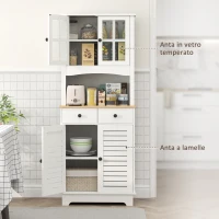 HOMCOM Armadio da Cucina con Porte in Vetro, 2 Cassetti, Armadio per Stoviglie, Armadio da Sala da Pranzo, Legno, 68 x 39,5 x 170 cm, Bianco(m-6)