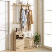 HOMCOM Meuble d'entrée vestiaire panneau porte-manteau, miroir et banc à chaussures - 6 crochets 90x10x91cm effet bois naturel(m-2)