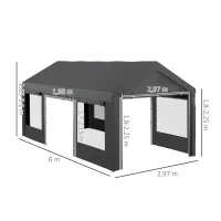 Outsunny Gazebo per Auto e Feste con Altezza Regolabile, 4 Porte e 4 Finestre, 6x3m Grigio Scuro(m-3)