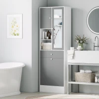 HOMCOM Armadio da bagno con cestino per il bucato e porta specchiata ripiano regolabile 62 x 28,3 x 181 cm grigio e bianco(m-10)