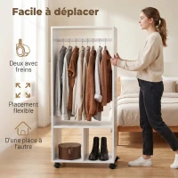 HOMCOM Armoire penderie étagère 2 niches 4 roulettes pivotantes dim. 60L x 40l x 128H cm Coloris Blanc(m-5)